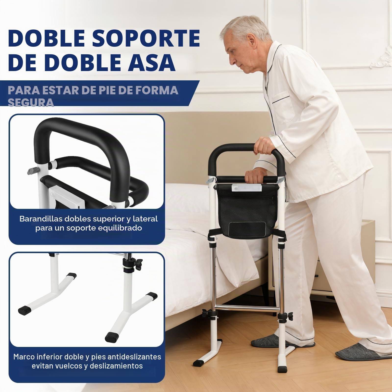 Soporte de Ayuda para Levantarse para Personas Mayores con Barandales Duales, Ayuda de Pie con Luz con Sensor y Bolsa, Altura Ajustable (72-87cm), para Inodoro, Cama y Sofá, Capacidad 136kg