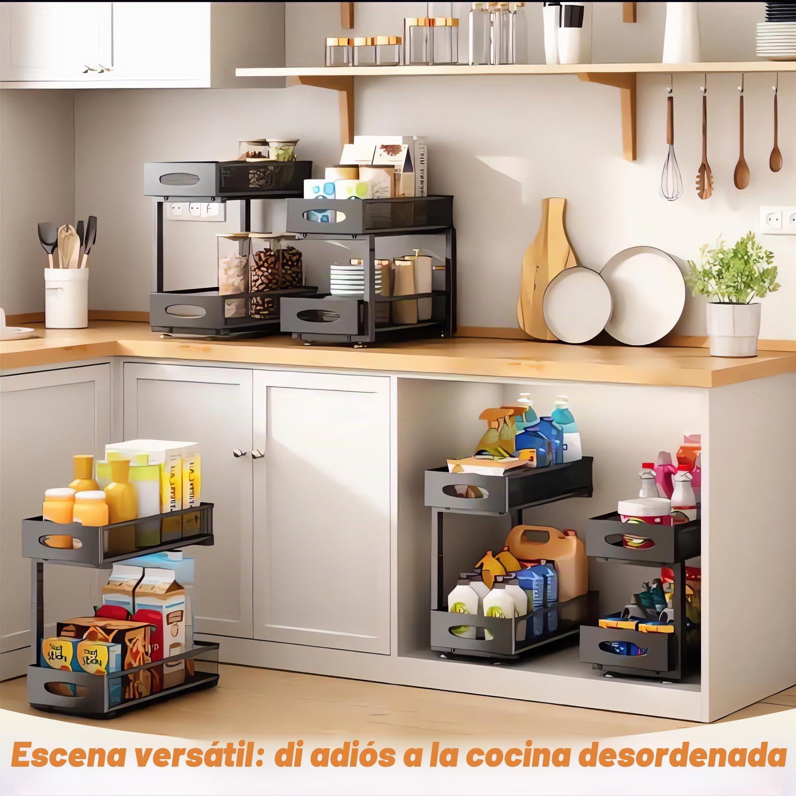 Organizador Bajo Fregadero Extraíble Ajustable 5 Niveles - Estantería de Acero Carbono para Cocina/Baño (29.5-43cm), 2 Capas Deslizantes, Almacenamiento Esquina/Lavabo