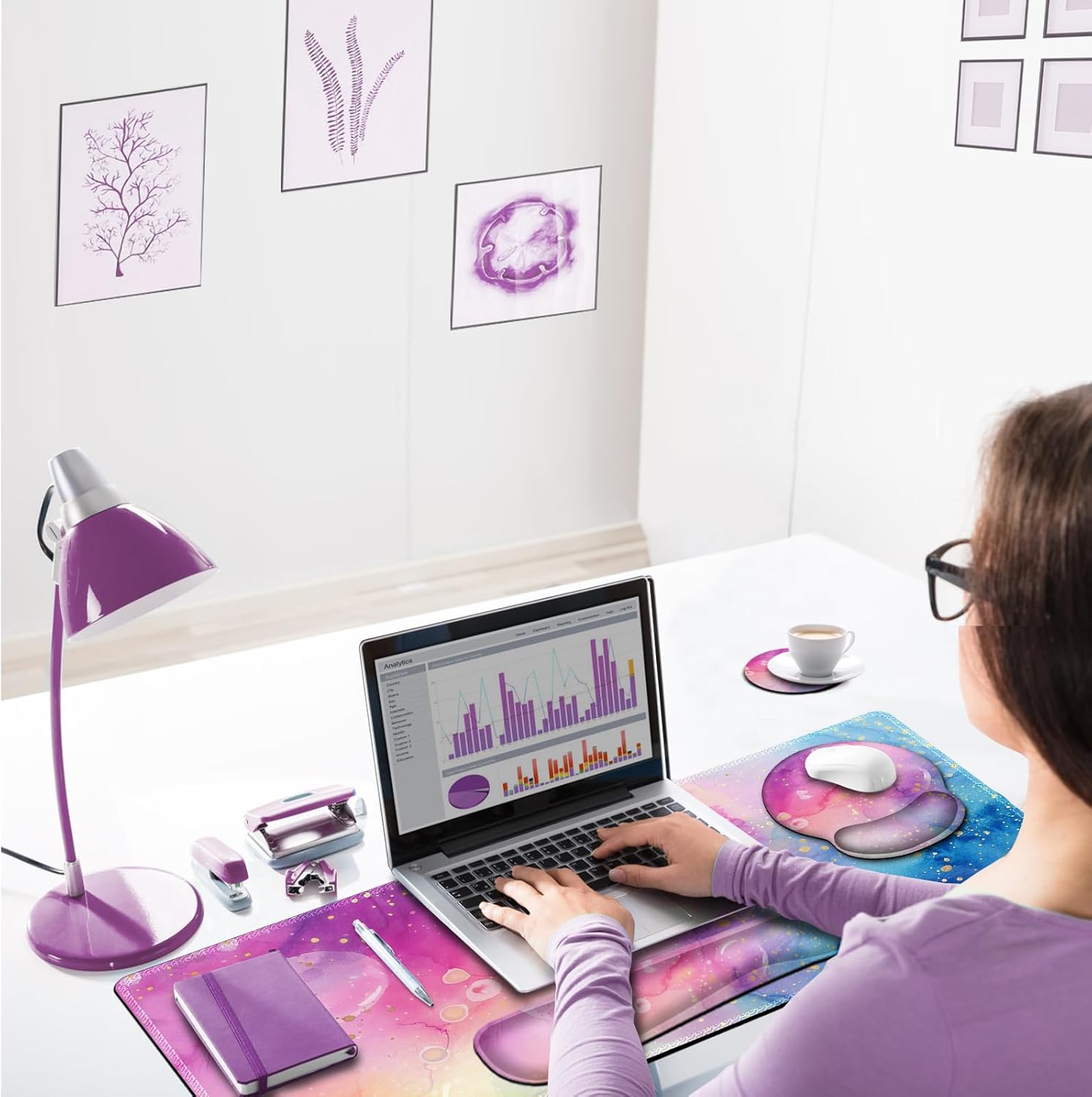ARTSO Large Mouse Pad and Keyboard Wrist Rest, Ergonomic Mouse Pad with Wrist Support, Non-Slip Desk Mat Protector for Office, Home -Blue Pink Ink Marble