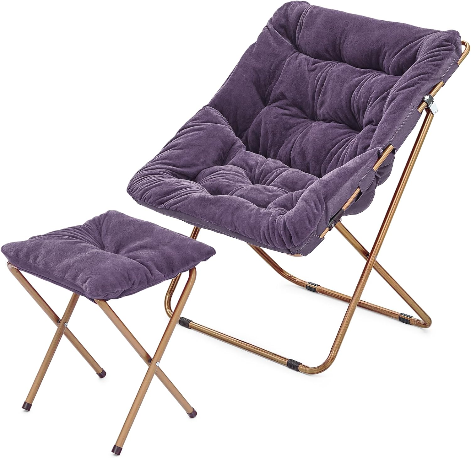 MoNiBloom Square Folding Faux Fur Saucer Chair for Bedroom Living Room Dorm Foldable Metal Frame Oversized Large Comfy Furry Padded Soft Cozy Moon Chair with Footrest Ottoman for Adults (Purple)