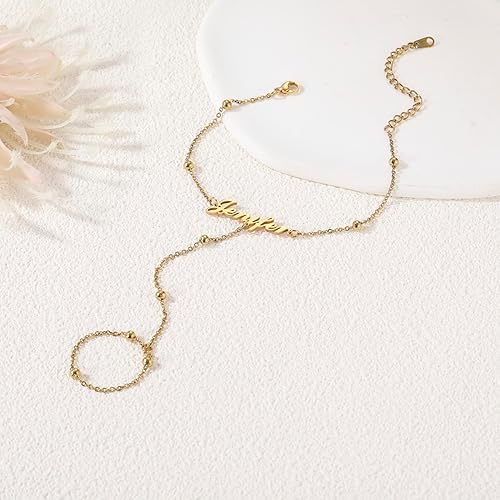 Miniatura 5 de MMXX Pulseras de cadena de mano con nombre personalizado para mujer, pulsera de anillo de dedo de oro delicada pulsera de moda bohemia cadena de