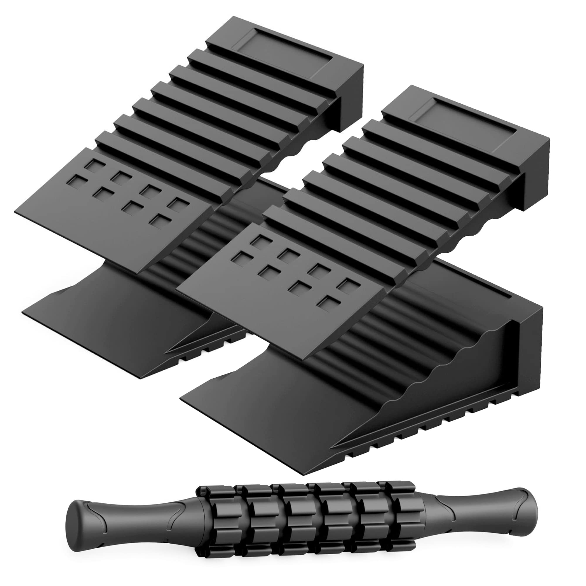 Squat Wedges (4 Pieces) with Muscle Roller – Adjustable Squat Ramp - Strength Training, Calf Stretcher, Deadlift Wedge, Slant Board for Physical Therapy