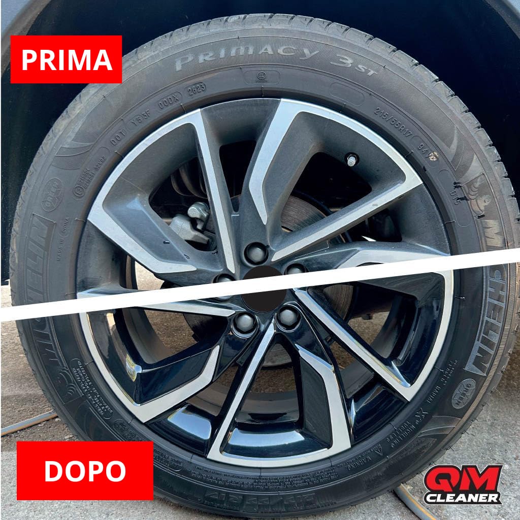 QM Cleaner Kit di Pulizia Cerchi e Lucidante per Pneumatici per Auto | Include 500 ml Detergente per Cerchi, 200 ml Lucidante per Pneumatici, Spazzola e Spugna Kit Completo per Veicolo