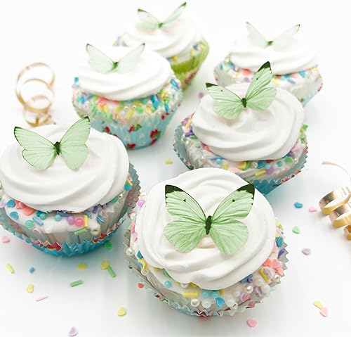 Sugar Robot - Mariposas comestibles para decoración de pasteles, pequeños adornos de mariposa verde pastel y adornos para cupcakes, decoración hecha