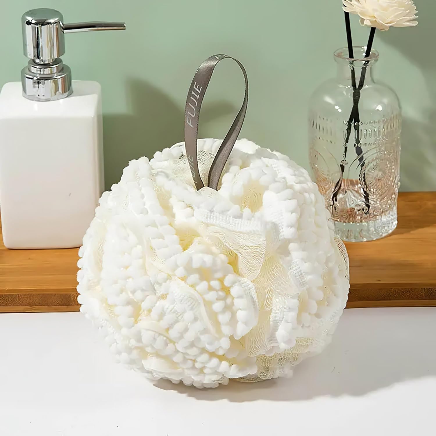 Large Luxurious Bath Ball Loofah Sponge Pouf Puff Mesh for Shower - Soft, Quick-Dry Exfoliating Foaming Deep Cleansing Body Scrubber - White - Image 5