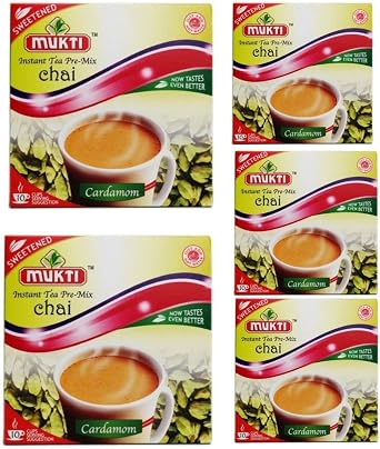 Mukti Instant Tea Pre-Mix Chai Cardamom Elachi Sweetened- 220g Pack of 5 - 50 Sachets | Authentic Indian Spiced Tea | Instant & Easy | Just Add Hot Water