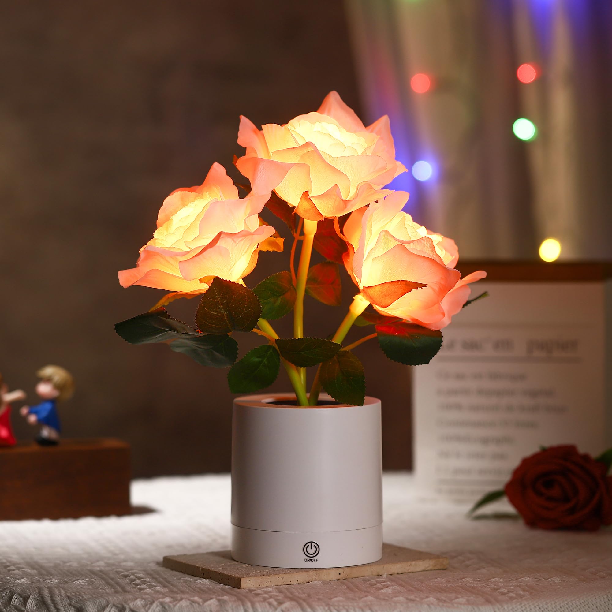 WSYEAR Pink Rose Flower Lamp, Valentines Day LED Artificial Flowers Gifts for Her Wife Girlfriend Small Table Lamp Night Light, Cordless Touch Lamp