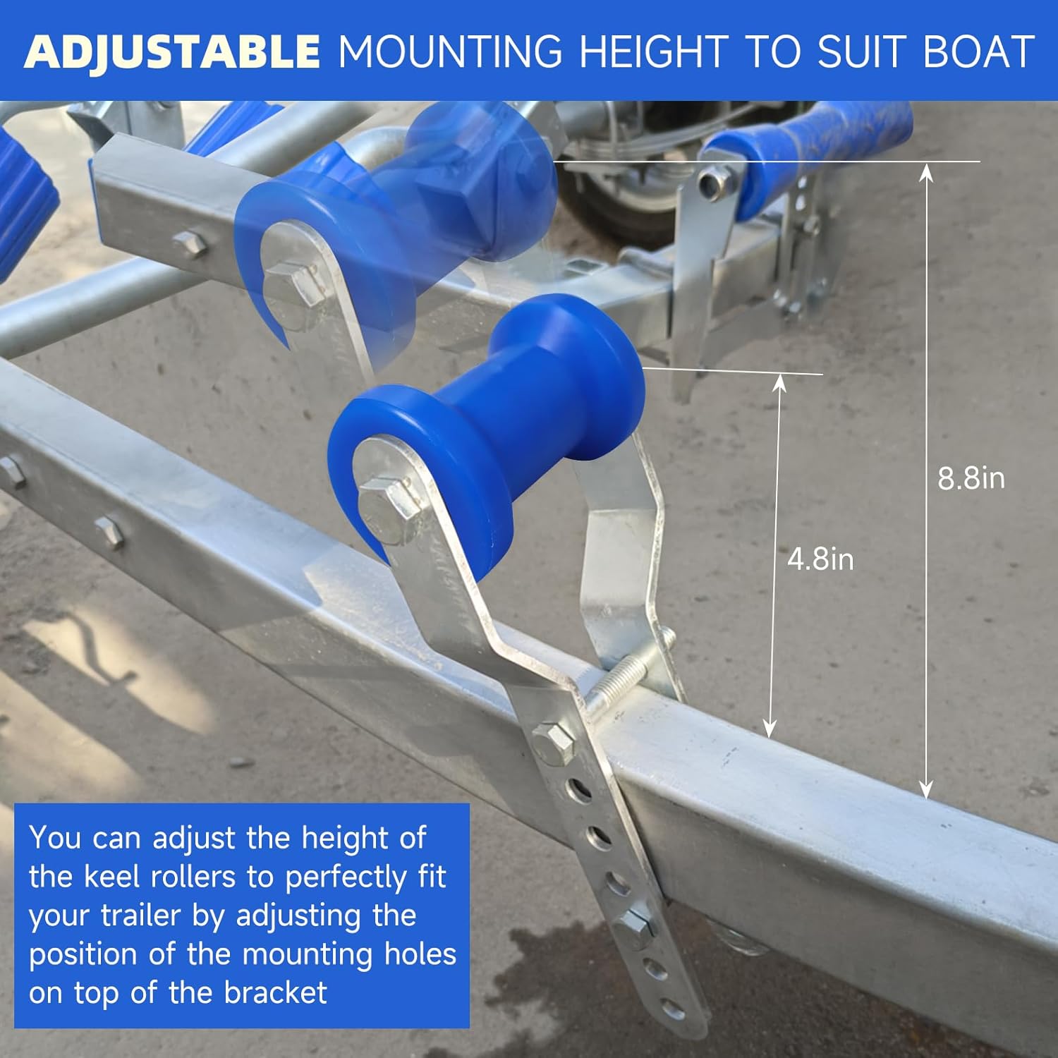 Updated 5" Boat Trailer Rollers with Brackets Blue Adjustable Keel Roller Assembly Galvanized Steel Fit 3" Tongue