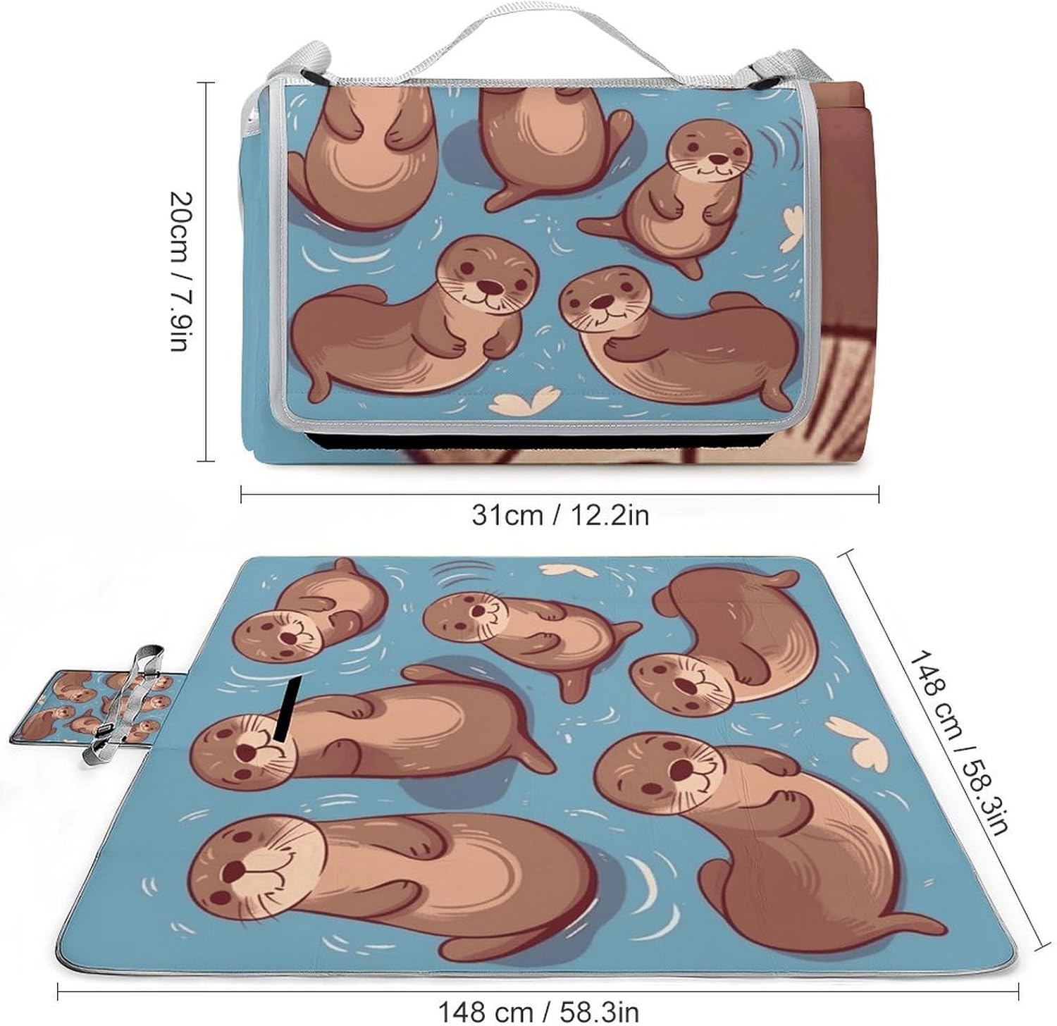 Animal Cute Brown Otters Waterproof Picnic Blanket 58.3''x58.3'',Portable and Foldable Picnic Mat with Handle,Outdoor Blankets for Lawn Park Beach Travel