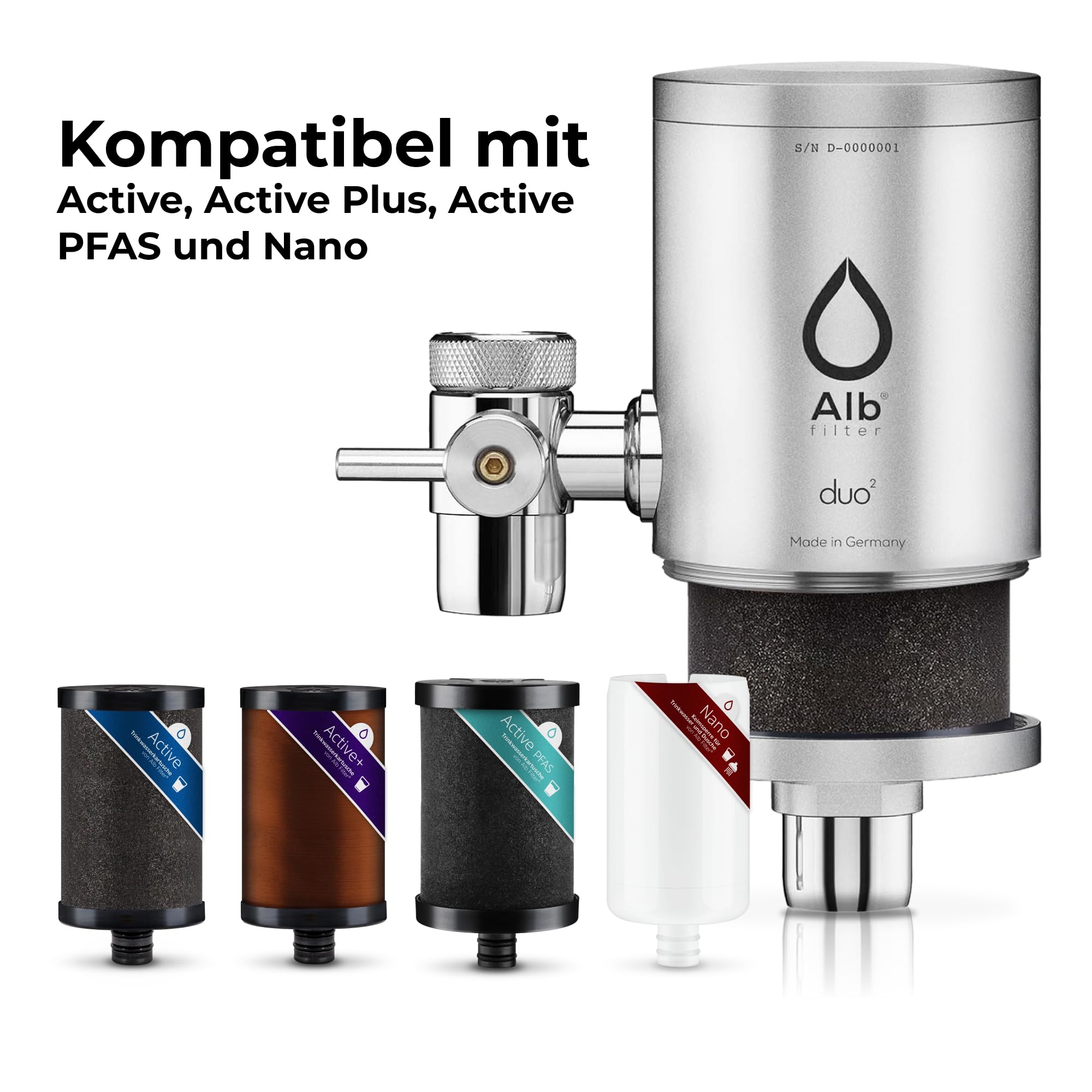 Alb Filter Duo Active Plus+ Trinkwasserfilter Edelstahl Natur – Wasserfilter Wasserhahn für sauberes Trinkwasser – Filtration von Schadstoffen, Bakterien & Kalk – Wasserfiltersystem Made in Germany