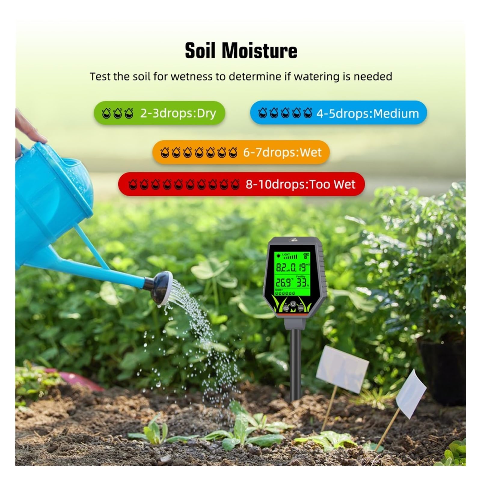 Humidimètre pour Sol, Testeur numérique Multifonctionnel de pH et d'humidité du Sol, détecteur de fertilité du Jardin, Moniteur de lumière du Soleil pour Le Jardinage et l'agriculture