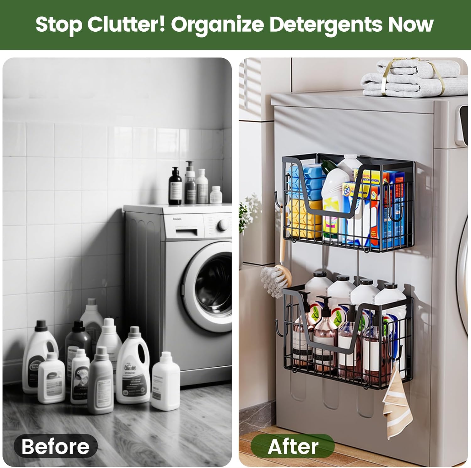 2 Pack Magnetic Shelves for Washing Machine, 15LB Heavy Duty Laundry Organizer, Large Capacity Collapsible Deep Baskets, No Assembly Organizer with Hooks, for Fridge, Dryer, Kitchen Spice Rack