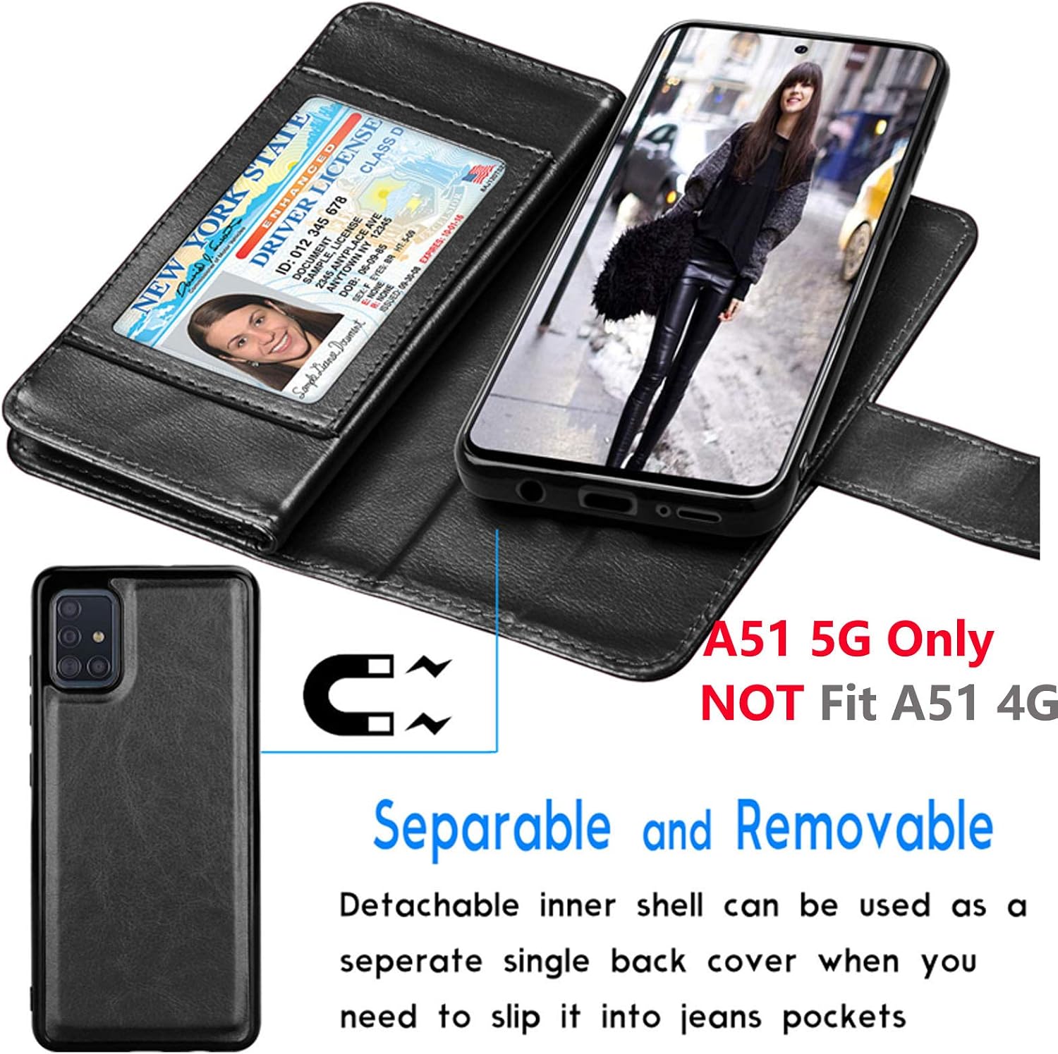 Tekcoo Galaxy A51 5G Case, [5G Version] Galaxy A51 Wallet Case [Not for 4G], Luxury PU Leather Cash Credit Card Slots Holder Carrying Flip Cover [Detachable Magnetic Case] for Samsung A51 [Black]