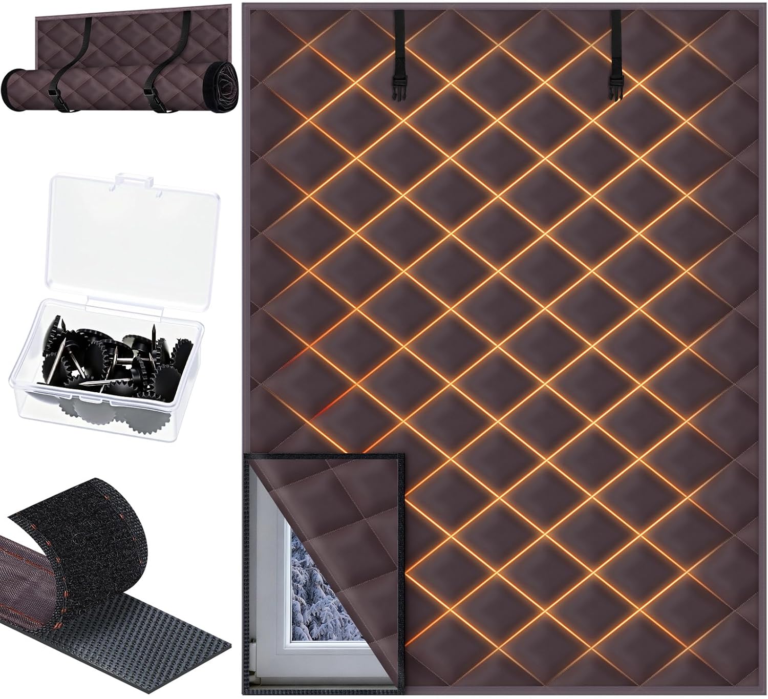 2 Pcs 63 x 39 Inches Window Insulation Curtain Kit Winter Thermal Window Cover with Fastener Oxford Cloth 2 Layer Thick Cotton Filled Loop Strips Insulation Kit for Keeping Warm (Dark Gray)