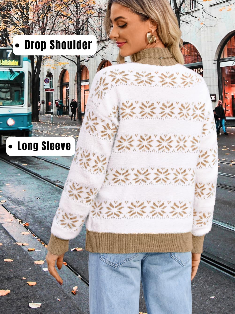 Women's Fuzzy Snowflake Sweater, Mock-Neck Long Sleeve Loose Pullover, Winter Warm Knit Top for Casual & Holiday - Image 4