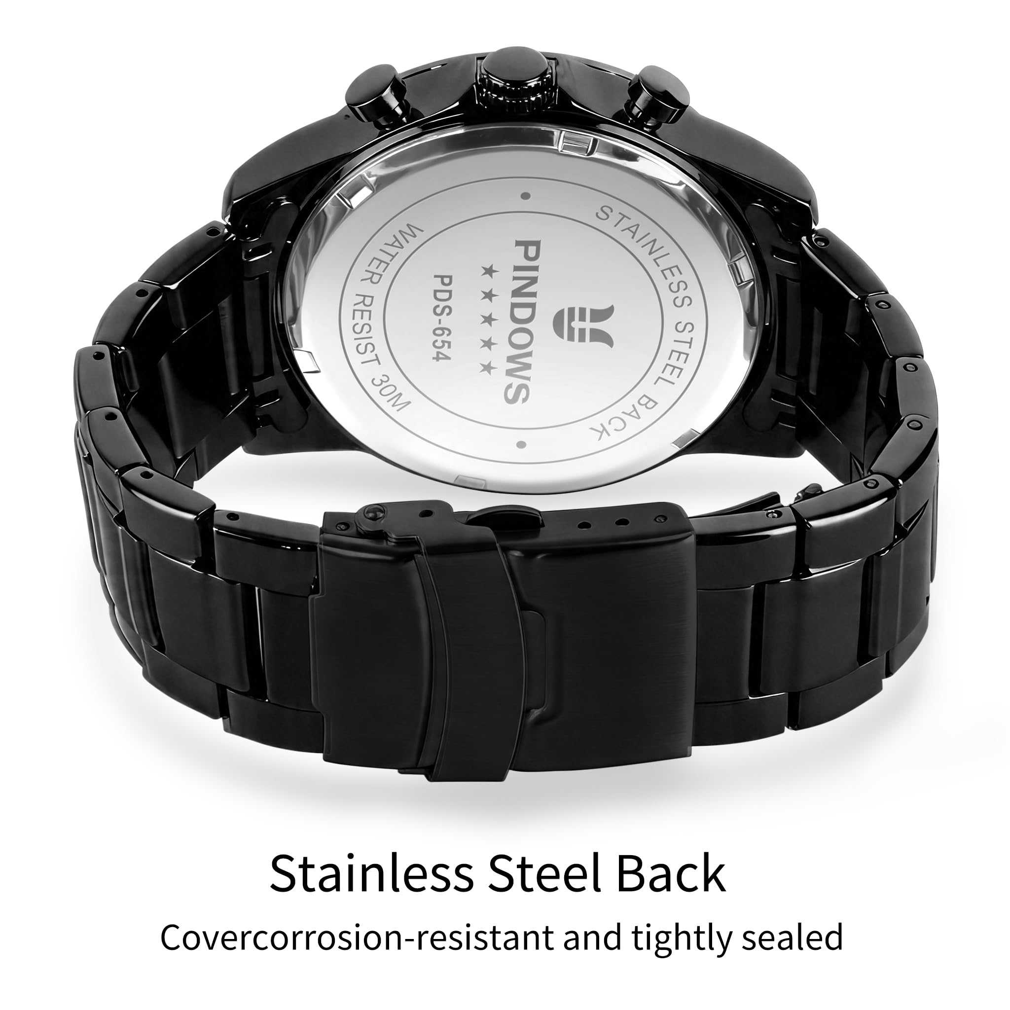 PINDOWS Orologi da uomo, moda, minimalista, business, robusto, acciaio inossidabile, impermeabile, cronografo, orologio al quarzo con datario automatico