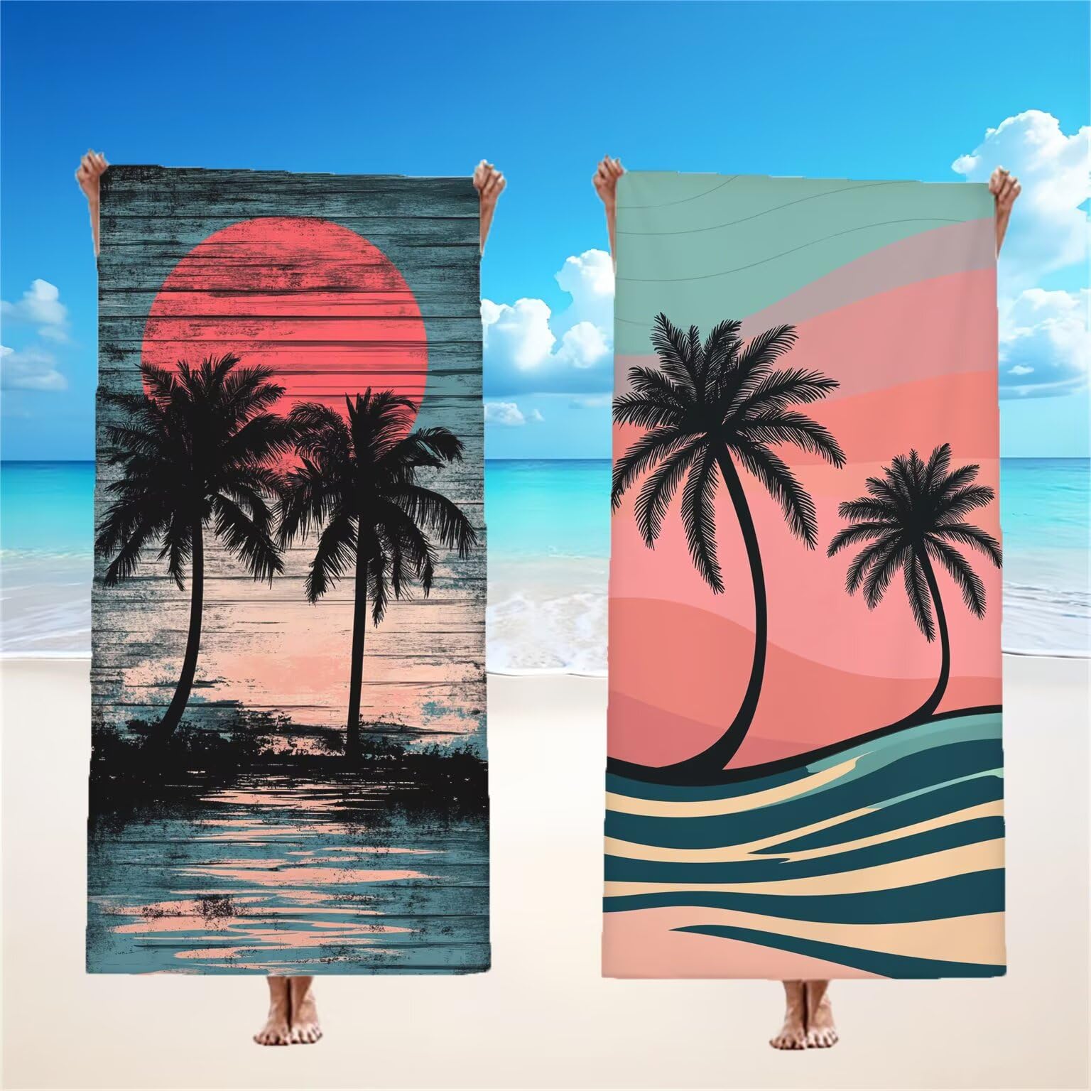Mikrofaser Strandtuch 90x180cm, Sonnenuntergang Strandtuch Kokosnusshain 2er Set, Saunahandtuch Stranddecke Sandfrei Saugfähig Schnelltrocknendes Leichtes Sporthandtuch für Pool Strand Yoga, Model638
