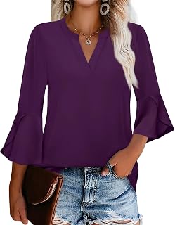 Women's Work Blouses Ruffle 3/4 Sleeve Dressy Top V Neck Casual Chiffon Tunic Blouses Business Shirts