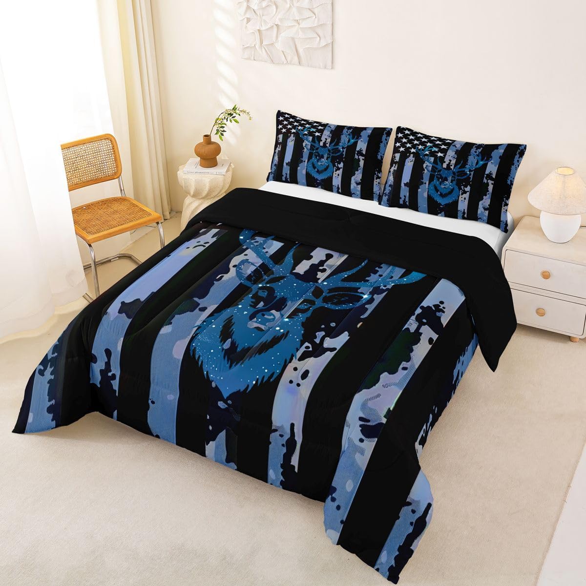 Camo Deer Comforter Set Full Size, Army Blue Camouflage Usa Flag Bedding Set For Kids Boys Teens Adult, Western Rustic Farmhouse Quilt Stars Stripes Duvet Sets Antlers Wild Animal Decor, Black