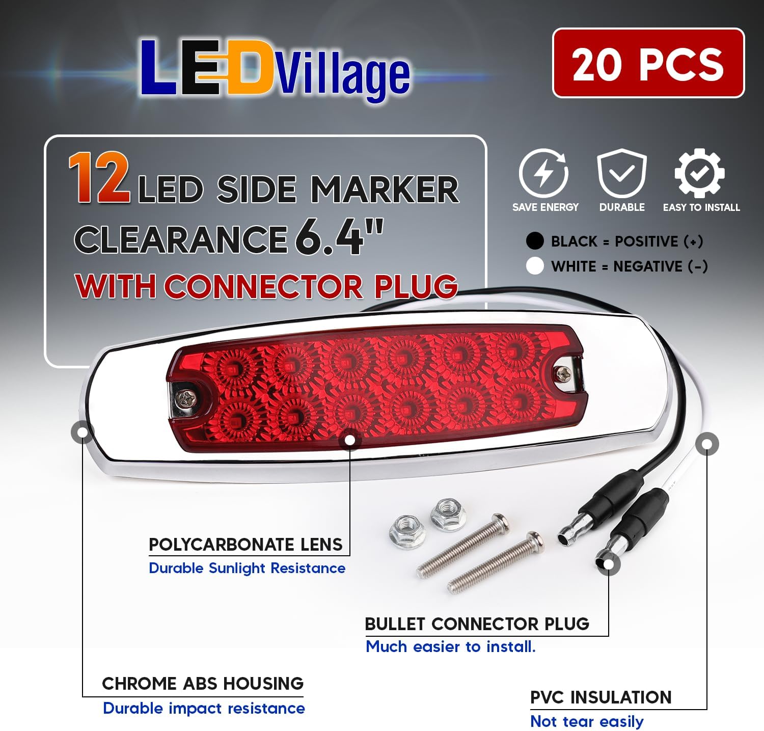 20 Pack Red LED Side Marker Lights with 2-Wire Plug 12LED Waterproof Clearance Fender Lamp for Trailer Truck RV SUV – Surface Mount with Screws 12V DC