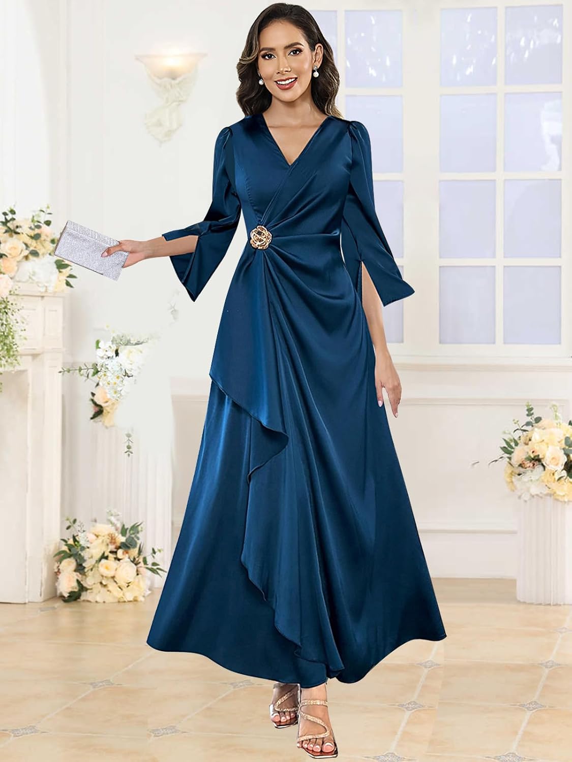 Women's Ruffles Satin Mother of The Bride Dresses Long Sleeve Formal Dress V Neck Wedding Guest Dress