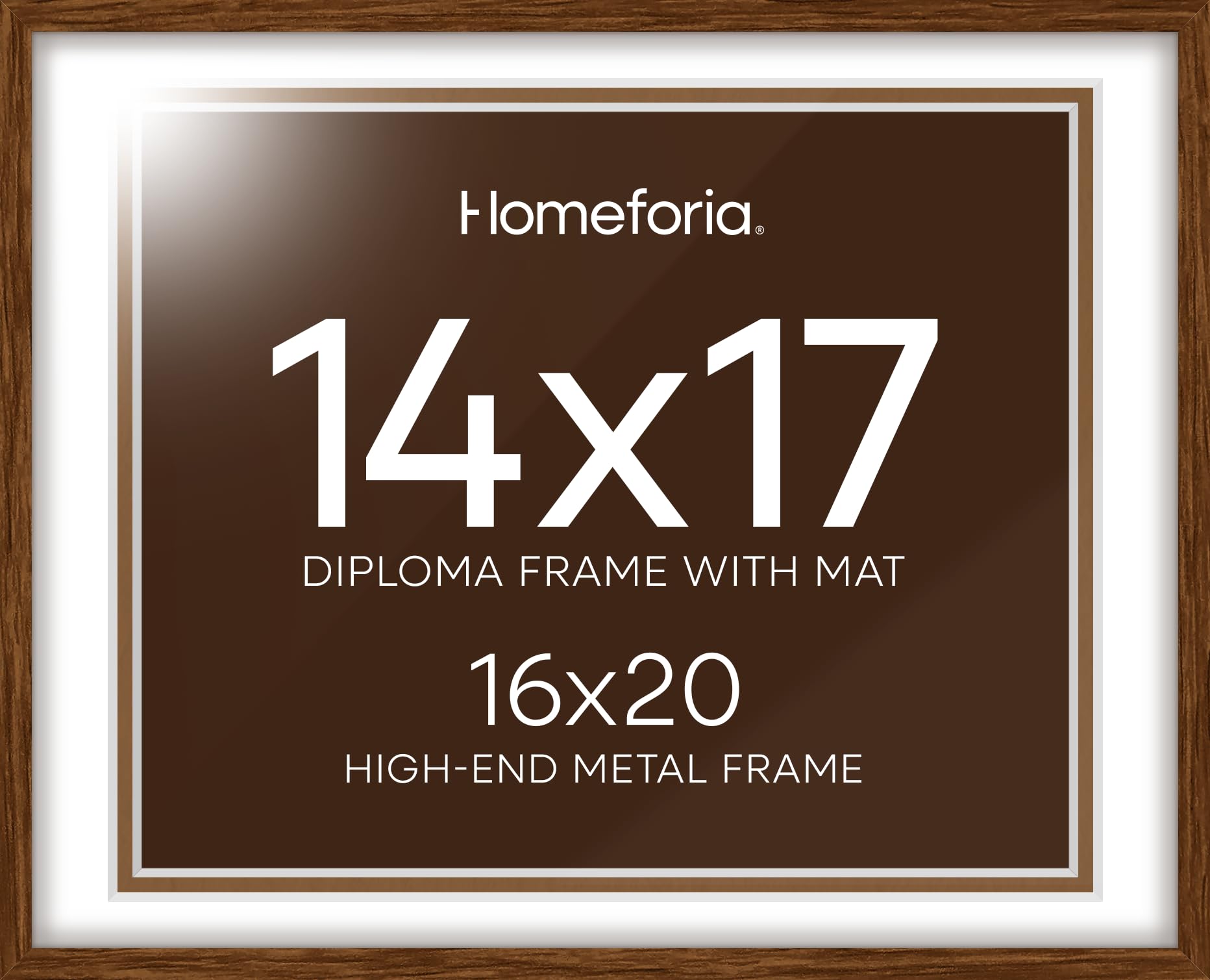 Homeforia 16x20 Diploma Brown Frame, High End Dark Oak 20x16 Certificate Wood Frame with Mat 14x17, 16 x 20 Walnut Wooden Graduation Degree Frame Matted to 14 by 17, Tempered Glass, Wall Kit, Set of 1