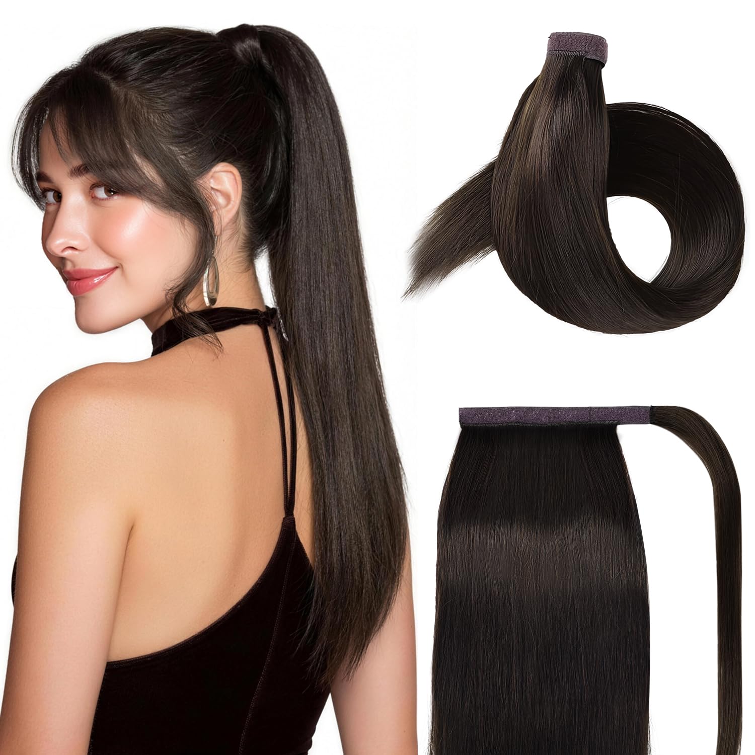 JIAMEISI Ponytail Extension Human Hair Wrap Around Clip in Hair Piece Ponytail Extension Human Hair Straight Ponytail Hair Extensions with Magic Paste 90G 20 Inch #2 Darkest Brown