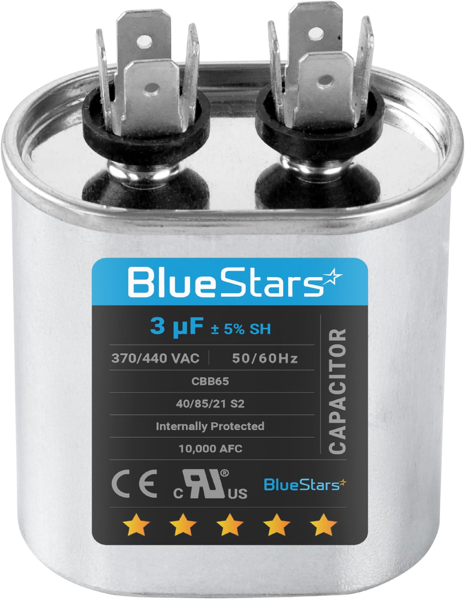 [UL Listed] BlueStars 3 uF MFD ±5% 370-440VAC Volt CBB65 Oval Run Start Capacitor 50/60 Hz AC Electric Replacement Part - for Central Air-Conditioners Heat Pumps Condenser Fan Motors AC Compressors