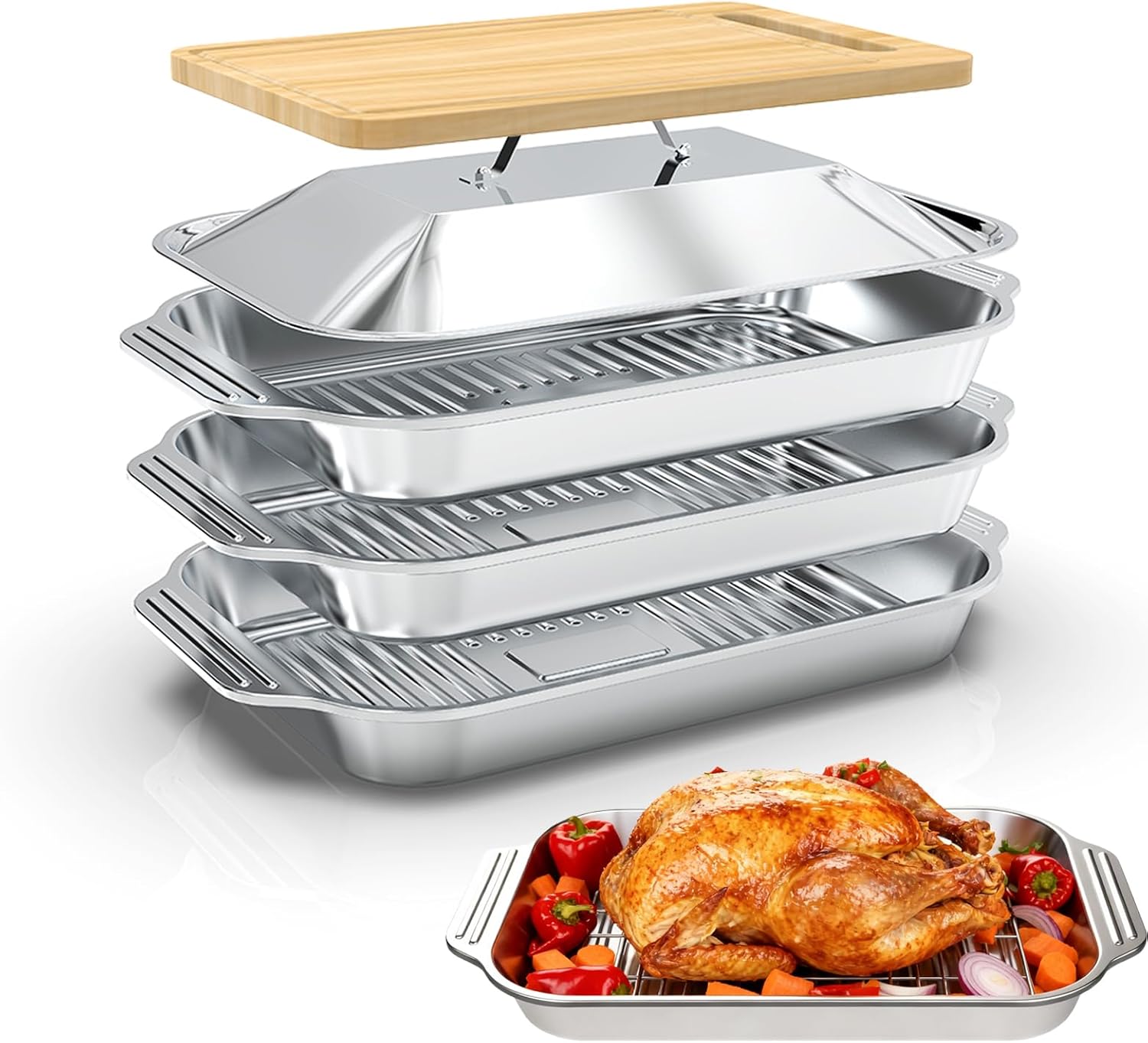 Grilling Prep and Serve Trays, 5-in-1 Grill Carry System Stainless Steel Food Prep Tray Set with Lid for BBQ, Marinating, and Serving