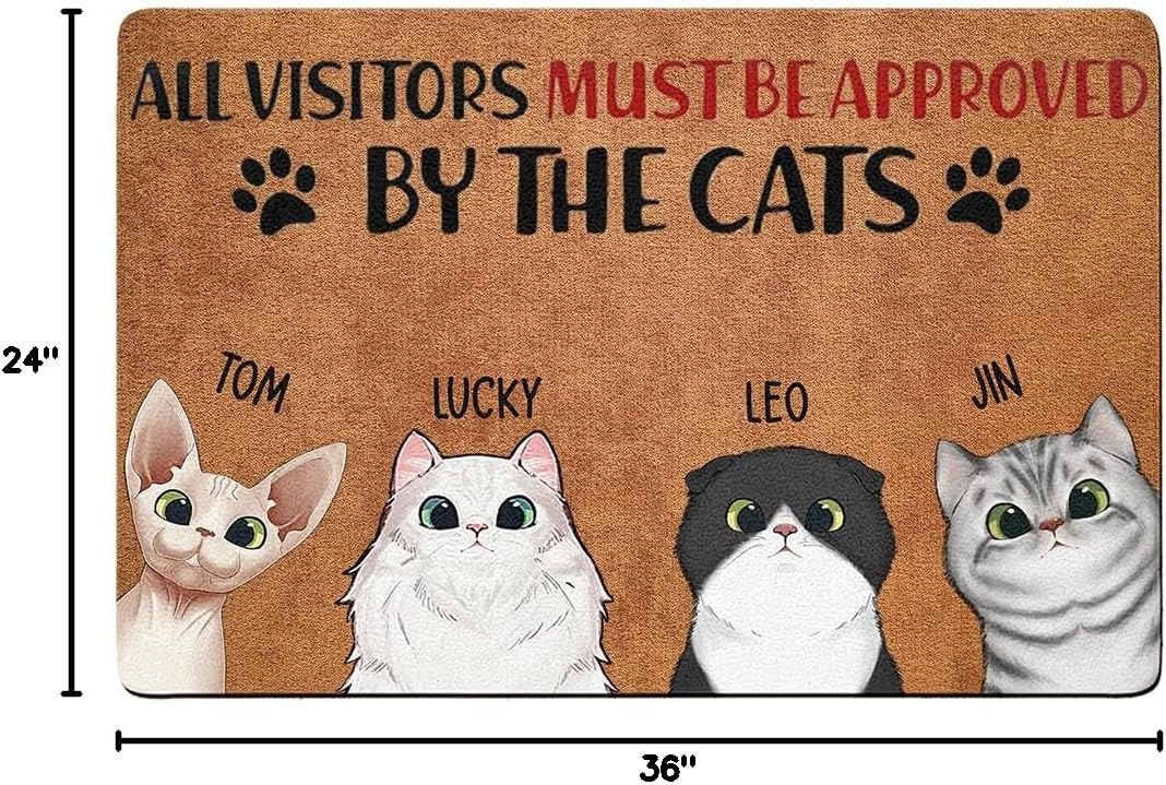Funny Personalized Cat Decorative Doormat All Guests Must Be Approved by The Cat Custom Door Mat for Cat Lovers - Cat Welcome Mat for Outdoor Entrance Gift for Cat Moms Cat Dads Front Door Rugs 2 Cats