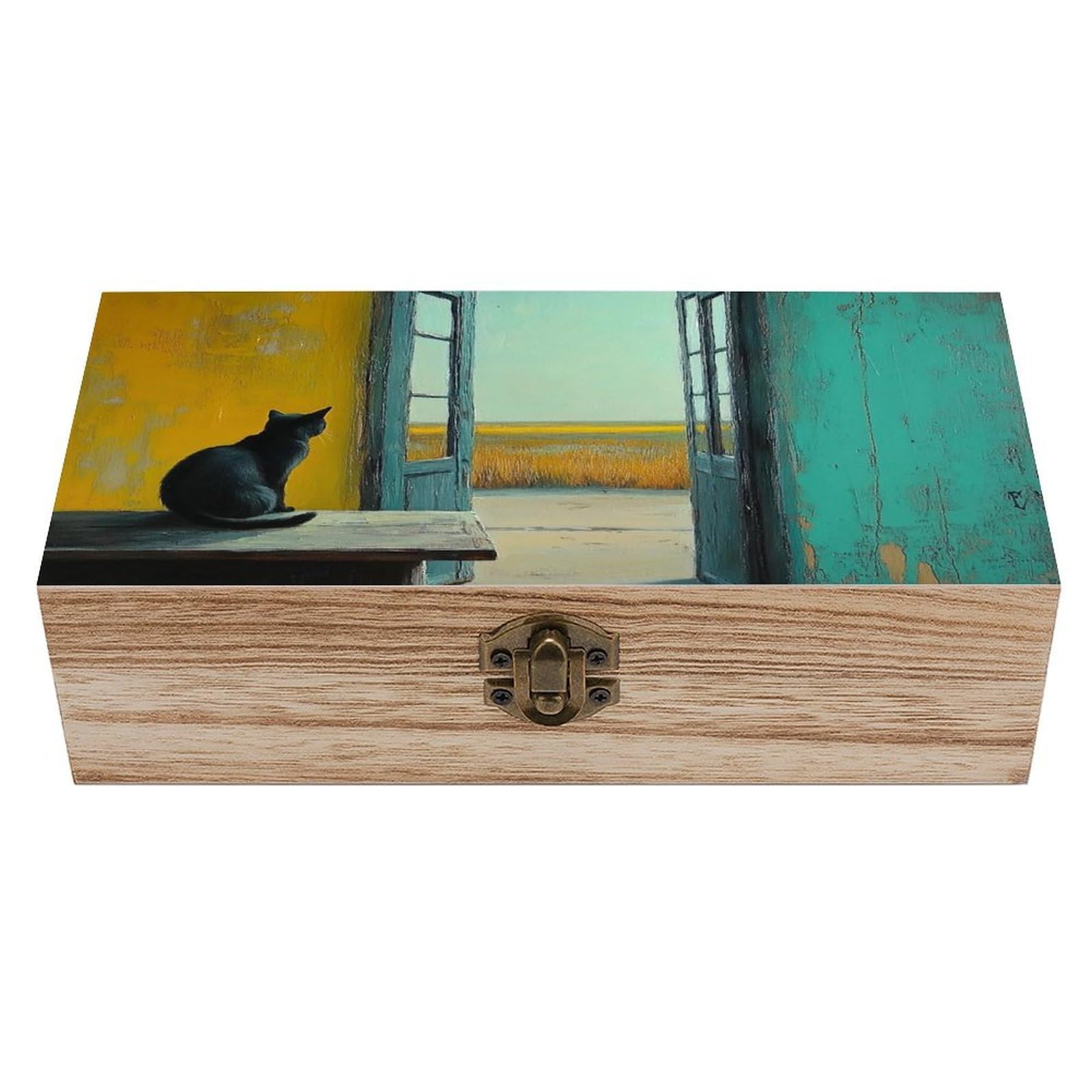 Ahdyr As Pic Black Cat Sitting On The Table Wooden Storage Box With Hinged Lid And Front Clasp Large Keepsake Box