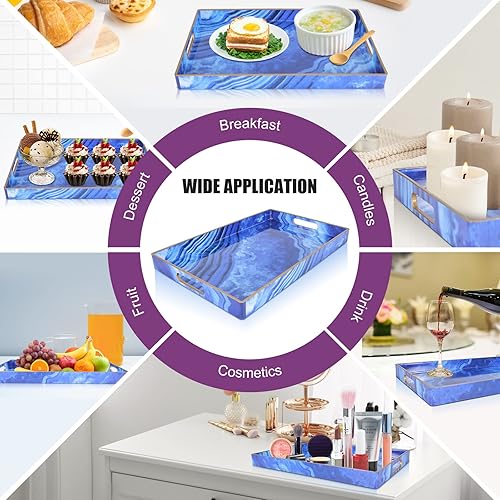 Miniatura 6 de Gifturbo Bandeja azul para servir, bandejas decorativas con asas, bandeja de mesa auxiliar, bandeja rectangular de plástico otomana para sala de