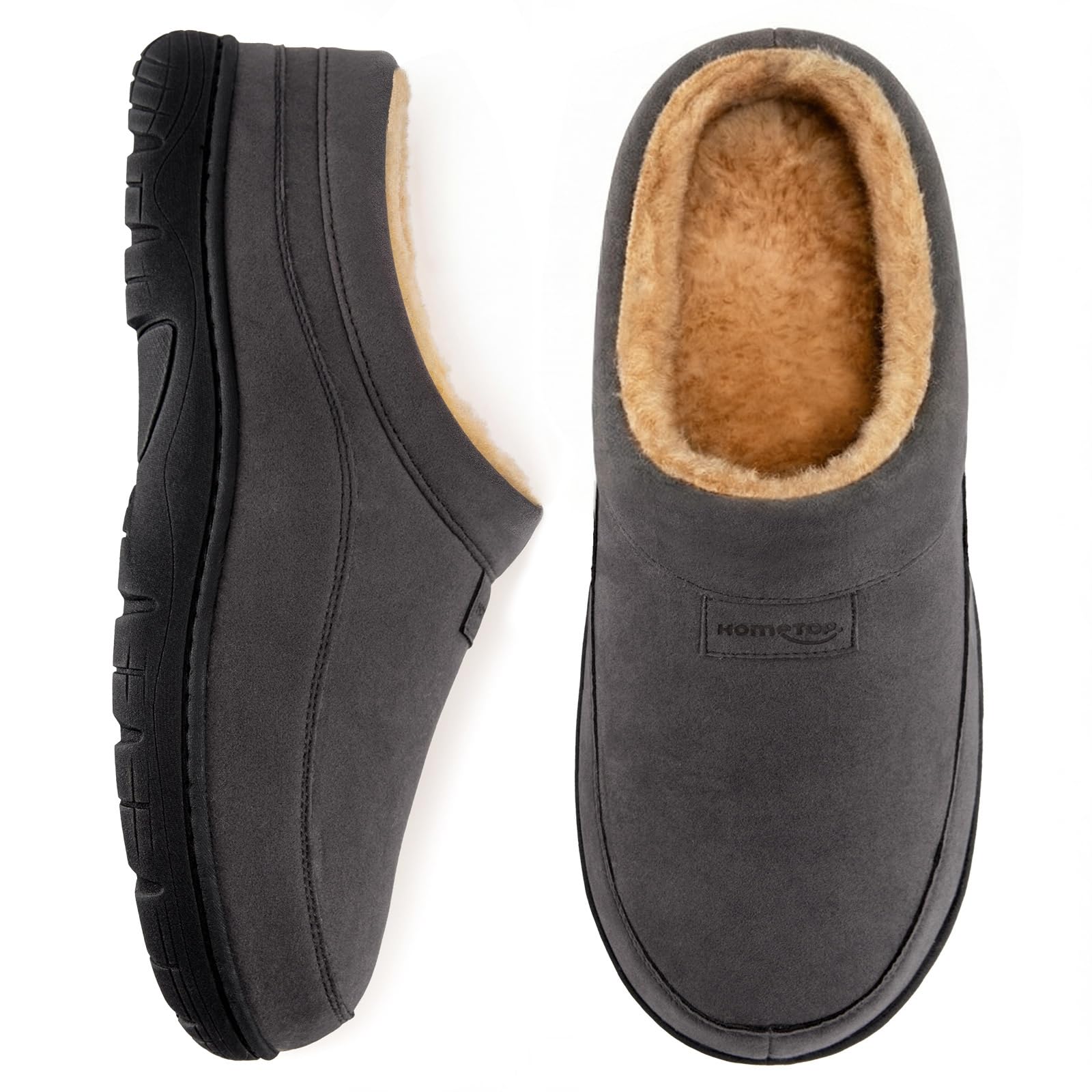 HomeTop Men's Moccasin Slippers Soft Warm Non-slip Memory Foam Indoor House Shoes with Fluffy Lining Gray, 9-10 US