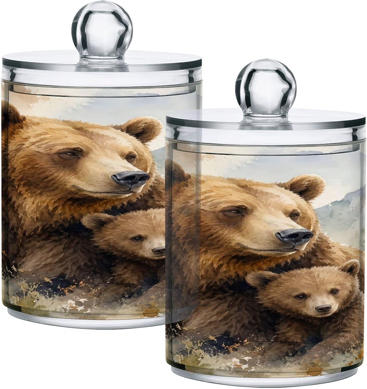 Brown Bears Clear Plastic Storage Jars with Lids 2 Pack, Multipurpose Counter Organizer for Bathroom Cotton Swabs, Hair Ties and Office Mini Supplies