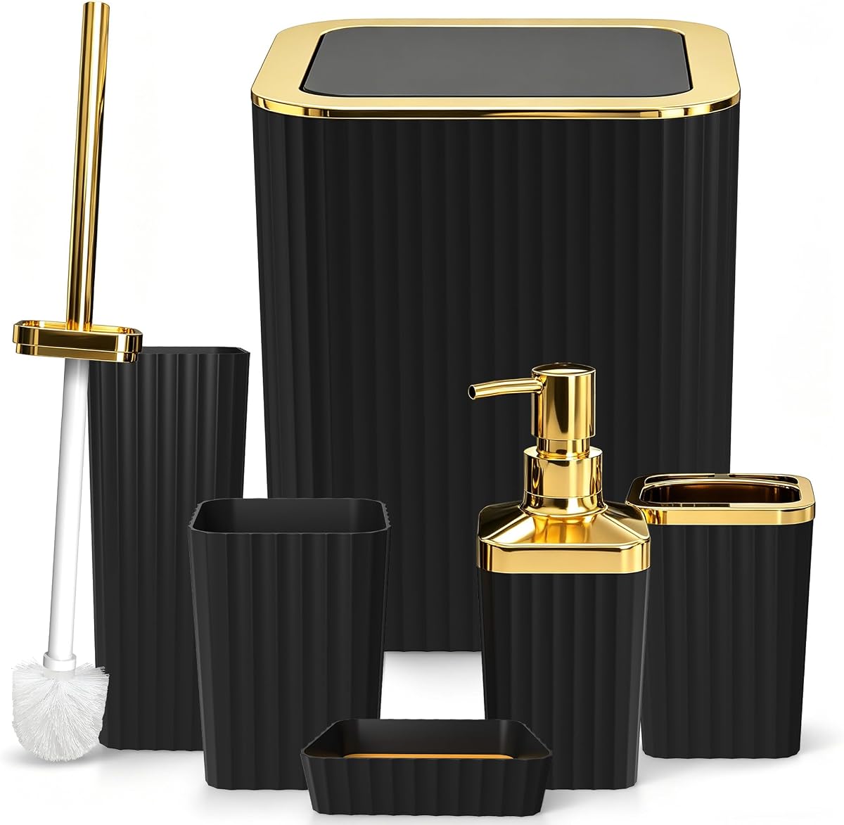 Bathroom Accessory Set, 6-Pcs Golden Black | Trash Can, Soap Dispenser, Toothbrush Holder & Cup, Soap Dish, Toilet Brush