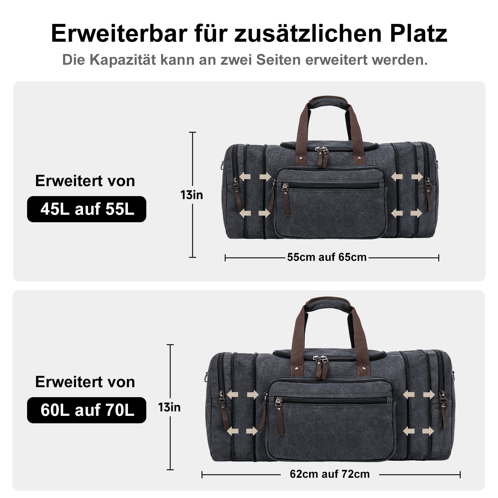 Erweiterbare Reisetasche 70L, Große Sporttasche Herren Damen, Robuste Stofftasche für Reisen, Fitness und Business, Handgepäcktasche (Dunkelgrau)