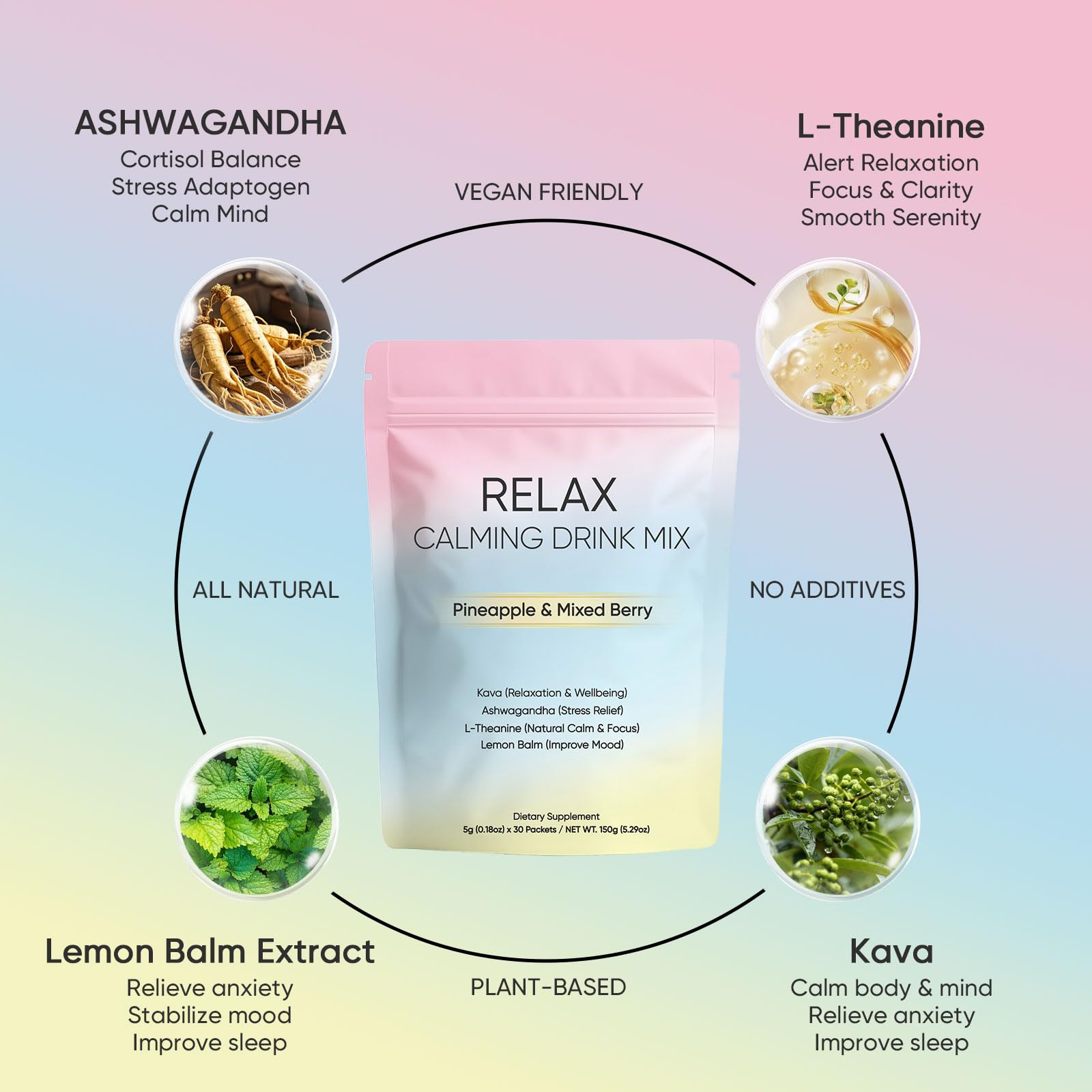 Relax Calming Drink, Natural Calm Powder Drink with L-Theanine, Ashwagandha and Kava, Sugar Free Calm Supplement for Relax & Natural Relieve Stress, Non GMO, Pineapple & Mixed Berry, 30 Packets (1) — Amazon image 2