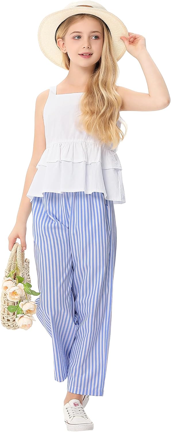 Girl's 2 Piece Striped Outfits Cami Top Wide Leg Pants Ruffle Hem Summer Clothes with 2 Pockets 3-14Y - Image 2