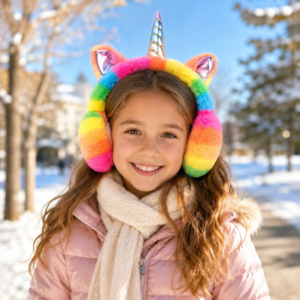 Cute Rainbow Unicorn Earmuffs for Kids Girls Age 7-15 Years image 2