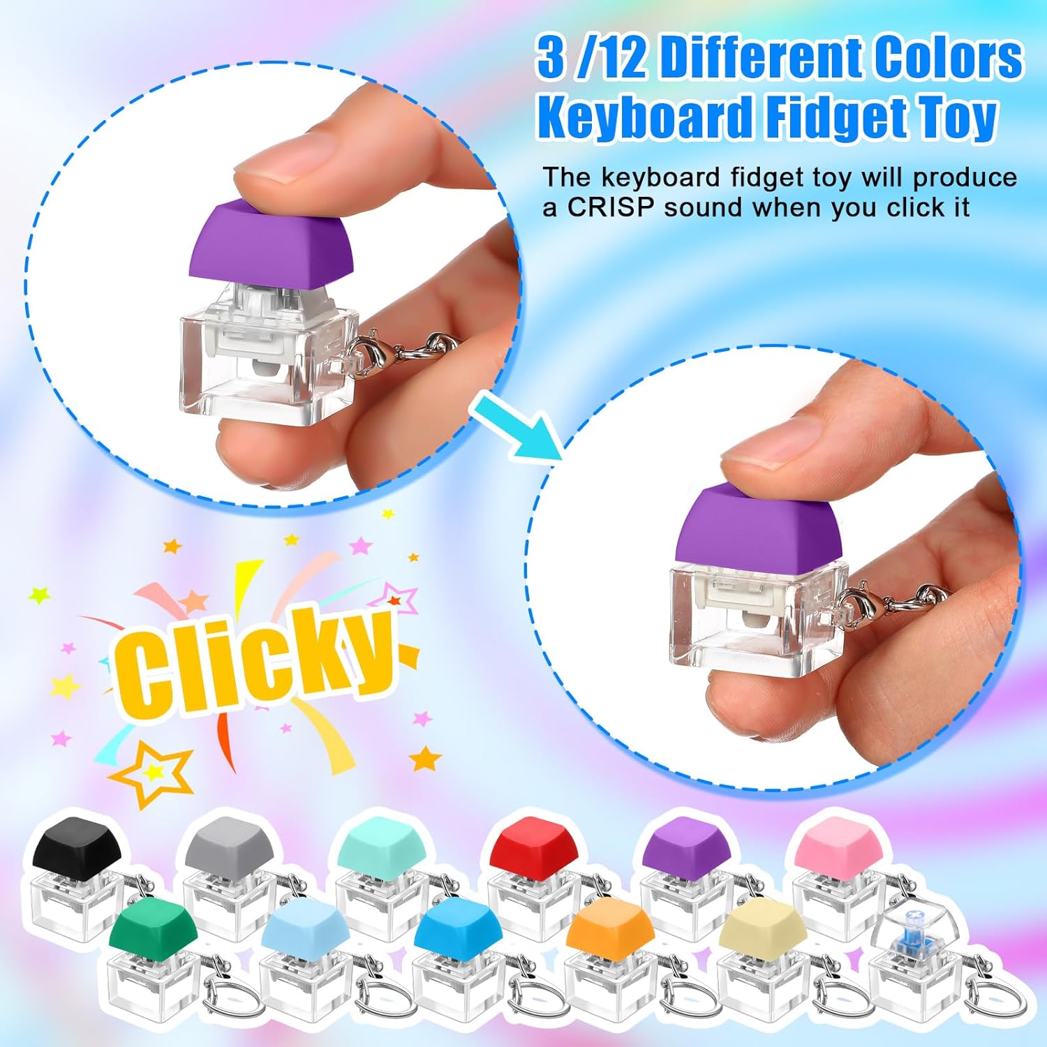 Nosiny 48 Pcs Keyboard Fidget Toys Keyboard Fidget Keychains for Adults Teens Finger Stress Relief Keycap for Boys Girls Students Decompression Gifts(12 Color)