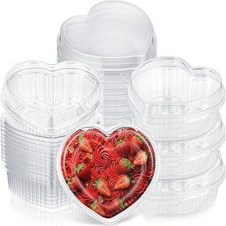 24 Pack Valentines Heart Shaped Food Storage Containers with Lid 16.9oz Clear Plastic Cake Fruit Dessert Storage Box Containers Tray for Valentines Day Bakery Wedding Party Favor Packaging