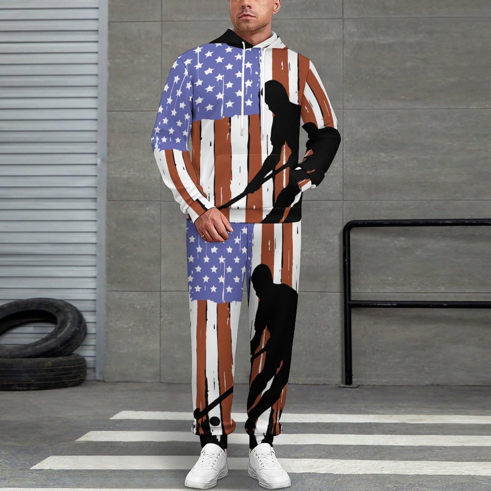 Tuta da hockey su prato con bandiera degli Stati Uniti per gli uomini a maniche lunghe felpa con cappuccio e pantaloni della tuta Set di tute alla moda