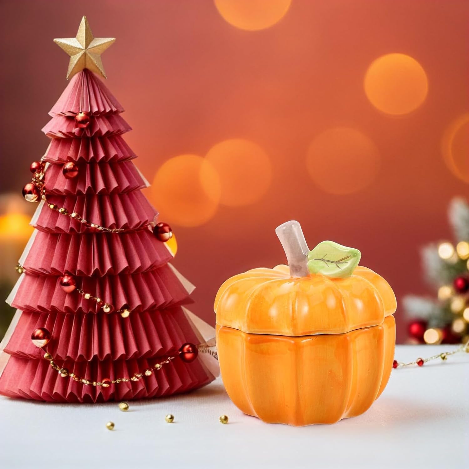 OSALADI Pumpkin-shaped Ceramic Candy Bowl with Lid, Airtight Kitchen Storage Jar for Nuts and Snacks, 14x13.5x13.5cm Halloween Home Decor Canister
