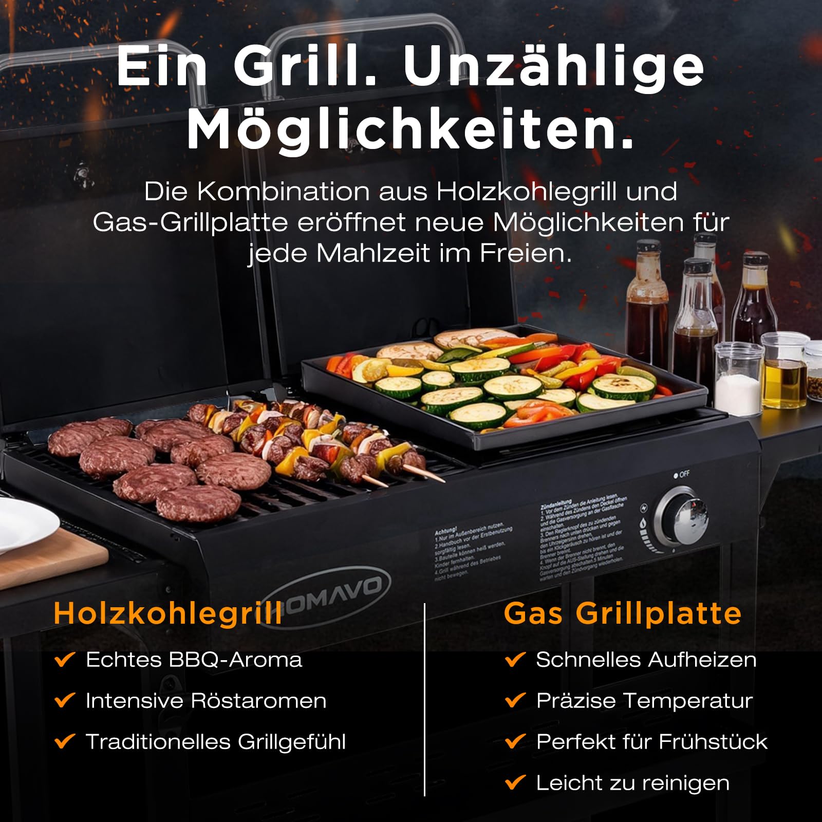 Gas-Holzkohle-Kombigrill, 2-in-1 Grillwagen mit Grillplatte | Holzkohle-Aroma & schnelles Gasgrillen, Gas-Grillplatte Ideal für Fleisch, Gemüse, Fisch und vieles mehr