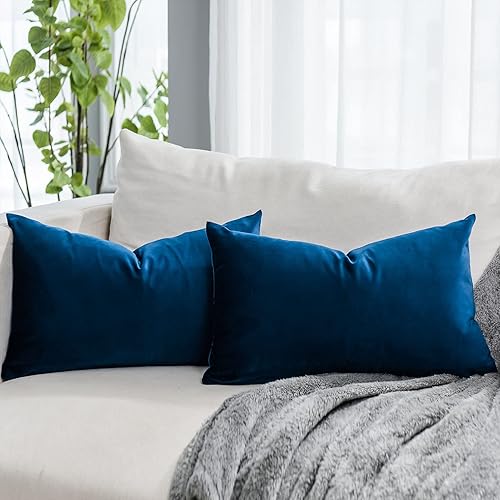 Navy Blue Decorative Lumbar Velvet Throw Pillow Covers 12x20 inch