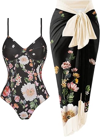 Womens One Piece Swimsuit with Beach Cover Up Retro Floral Print Bathing Suits with Coverup Set Sarong Wrap Swim Suit 1 Piece Swimwear Set with Matching Skirt Black Floral X-Large