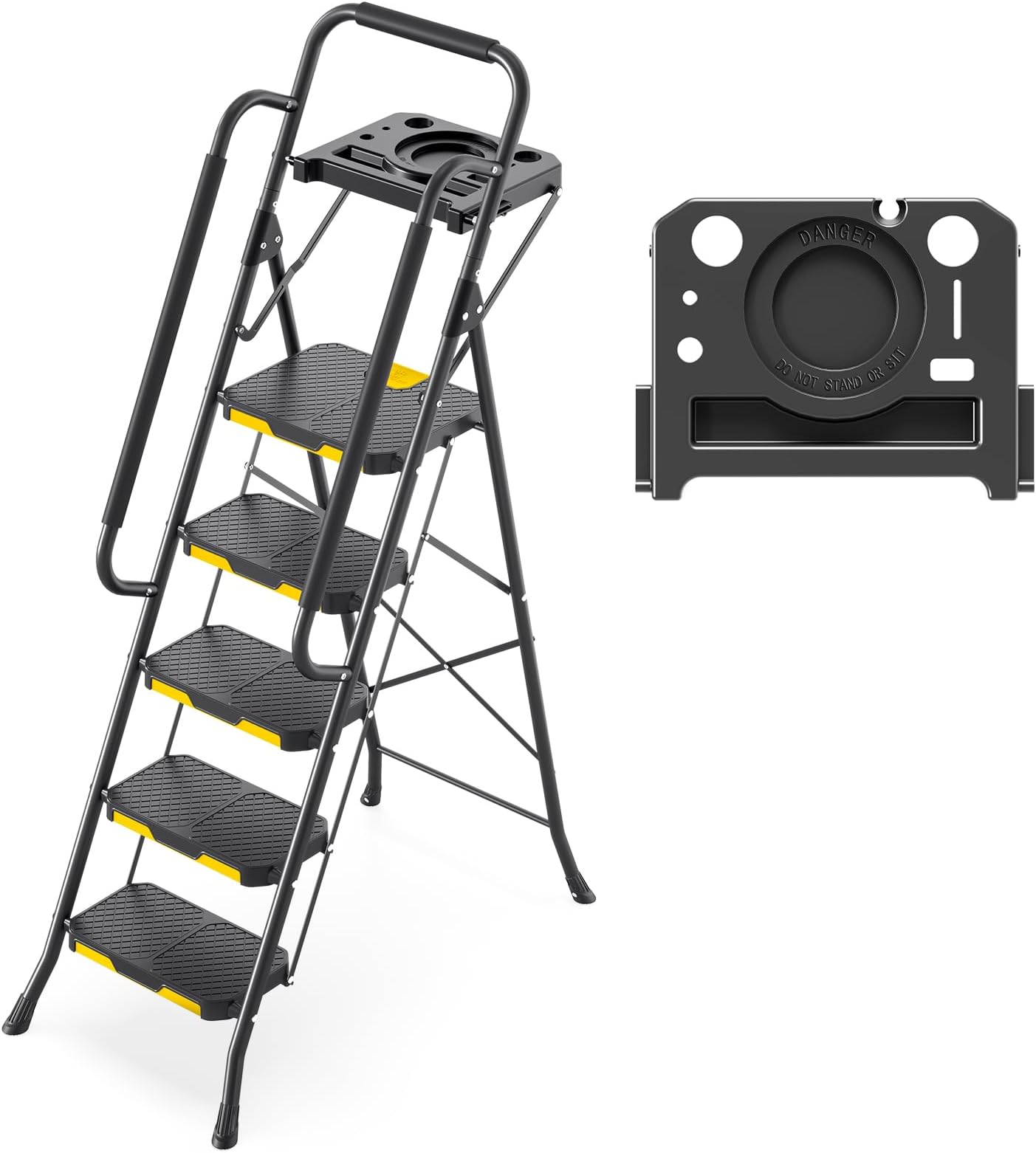 KINGRACK 5 Step Ladder, Step Ladder 5 Step Folding with Tool Tray and Safety Handrails, Lightwight Household Ladder for Your Kitchen, Pantry, Closets, Office Use