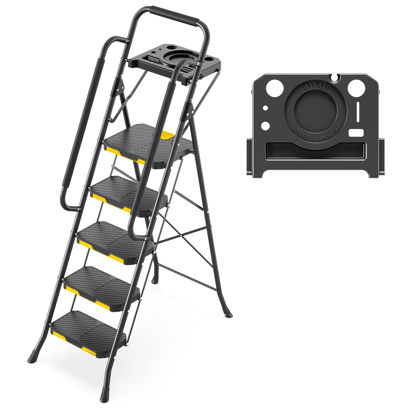 KINGRACK Escalera de Tijera 5 Peldaños Plegable con Pasamanos de Seguridad y Bandeja de Herramientas, Escalera Doméstica con Gran Pedal Antideslizante, Uso Hogar Cocina Despensa Armarios Oficina