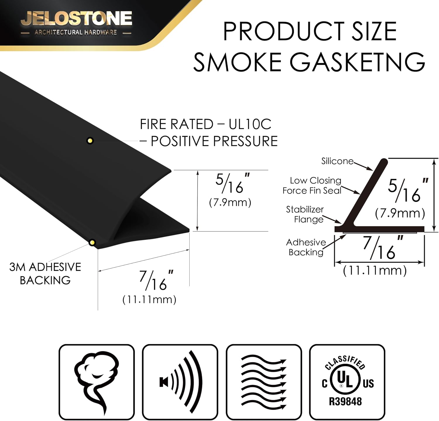 2 Pack -17FT Fire/Smoke Perimeter Gasketing (Black) - Adhesive Silicone Weather Stripping for Steel/Aluminum/Composite Frames, JS-SN44
