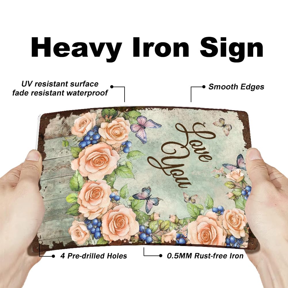SUPERDANT Love You Metal Signs Valentine's Day Tin Signs Rose Butterfly Metal Signs Vintage Sign and Plaque for Bedroom Living Room Valentine's Day Man Cave Wall Decoration - Image 3